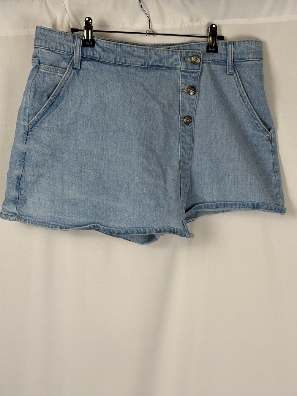 Lee Heritage High-Rise Denim Mini Skort in a light wash blue